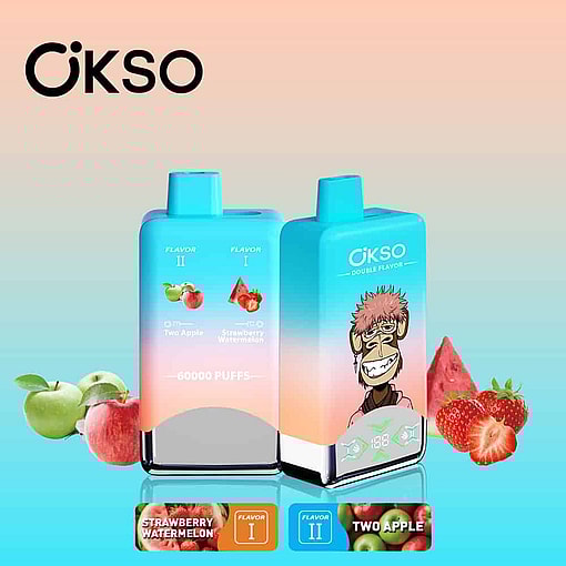 Zwei Okso-Vape-Geräte mit doppeltem Geschmack und blauem Farbverlaufsdesign, mit den Geschmacksrichtungen Erdbeere, Wassermelone und zwei Äpfeln sowie einer Cartoon-Affenillustration mit Bildern von Äpfeln, Erdbeeren und Wassermelonen im Hintergrund.