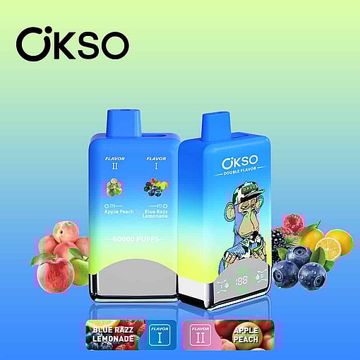 Zwei blaue Okso-Vape-Geräte mit doppeltem Geschmack mit den Geschmacksoptionen Apfel-Pfirsich und Blue Razz-Limonade, Fruchtbildern und einer Cartoon-Affenillustration, vor einem Hintergrund mit Farbverlauf, schwimmenden Früchten und Branding.