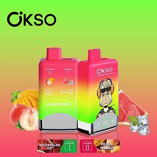 Zwei Okso-Vape-Geräte mit doppeltem Geschmack und den Geschmacksrichtungen Wassermeloneneis und Pfirsich-Mango, dargestellt mit Bildern von Wassermelone, Pfirsichen, Mangos, Eiswürfeln und einer Zeichentrickfigur mit Kopfhörern vor einem grün-orangefarbenen Hintergrund mit Farbverlauf.