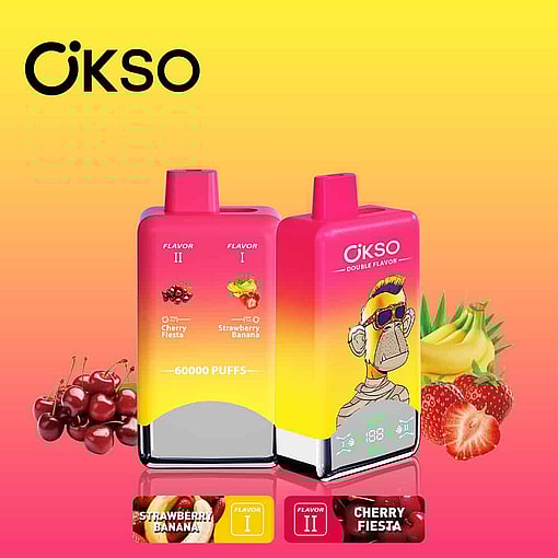 Zwei Vape-Geräte der Marke Okso mit einem rosa-gelben Farbverlaufsdesign und den beiden Geschmacksrichtungen „Strawberry Banana“ und „Cherry Fiesta“, dargestellt mit Abbildungen von Kirschen, Erdbeeren, Bananen und einem Cartoon-Affen mit Sonnenbrille.