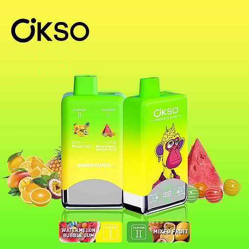 Farbenfrohe Okso-Vape-Geräte mit doppeltem Geschmack mit einem Cartoon-Affen und Bildern von gemischtem Obst, Wassermelone und Kaugummi auf einem gelb-grünen Hintergrund mit Farbverlauf.