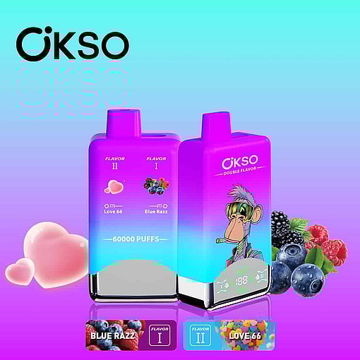 Okso-Vape-Geräte mit doppeltem Geschmack und einem violett-blauen Farbverlaufsdesign, mit den Geschmacksrichtungen Blue Razz und Love 66, der Grafik eines Cartoon-Affen mit Sonnenbrille sowie verschiedenen Beeren und herzförmigen Süßigkeiten rund um die Vapes.