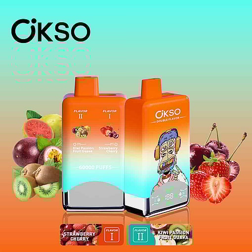 Zwei Okso-Vaping-Geräte mit orangefarbenen Deckeln und farbenfroher Verpackung, mit den Geschmacksrichtungen Erdbeer-Kirsche und Kiwi-Passionsfrucht-Guave, umgeben von Bildern der entsprechenden Früchte auf einem blau-orangefarbenen Hintergrund mit Farbverlauf.