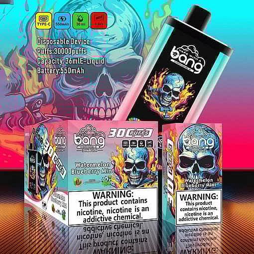 Bang 30000 Pro Disposable Vape Device And Packaging Featuring A Flaming Skull Design, Labeled With Product Details Such As 30,000 Puffs, 36Ml Liquid Capacity, Watermelon Blueberry Mint Flavor, And Nicotine Addiction Warning.
