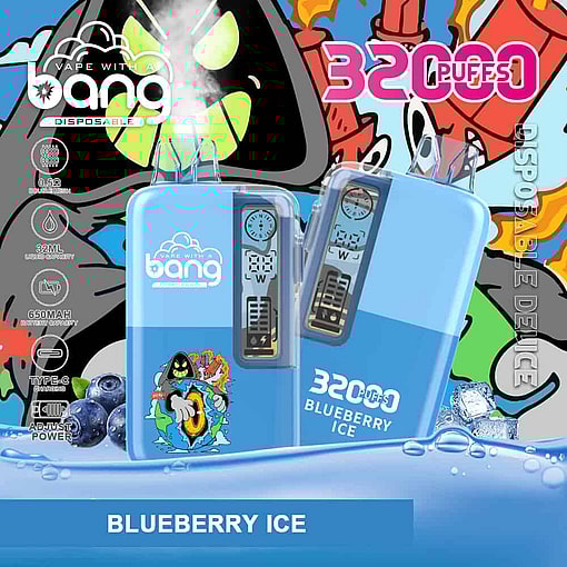 Promotional Image For Bang Blueberry Ice Disposable Vape Device Featuring Two Blue Vape Units, Blueberry And Ice Visuals, And Product Highlights Such As 32000 Puffs, 32Ml Capacity, And Adjustable Power.