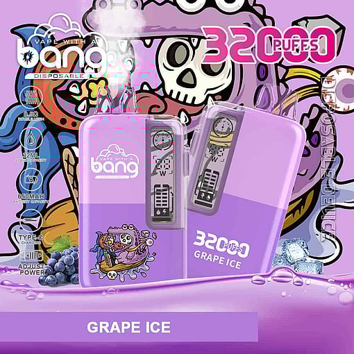 Promotional Image Of A Bang Disposable Vape Device In Grape Ice Flavor, Featuring A Vibrant Purple Design With Cartoon Skull Art, Details About 32000 Puffs, And Specifications Like 32Ml Liquid Capacity And 650Mah Battery, Set Against A Playful Illustrated Background With Grapes And Ice Cubes.