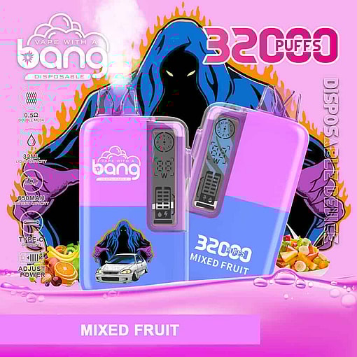 Colorful Advertisement For Bang Disposable'S Mixed Fruit Vape, Featuring Two Vape Devices With A Vibrant Purple And Blue Design, Surrounded By Fruit, A Car Illustration, A Hooded Figure With Flames In The Background, And Product Specifications Including 32,000 Puffs, Adjustable Power, And Usb-C Charging.