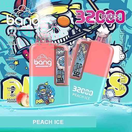 Colorful Advertisement For Bang Disposable Vape In Peach Ice Flavor, Featuring Two Vape Devices With Cartoon Pirate Skull Graphics, Illustrations Of Peaches And Ice Cubes, And Bold Text Highlighting 32,000 Puffs And Product Specifications.