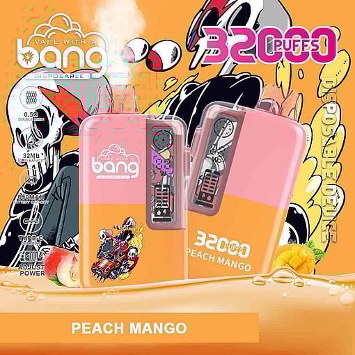 Colorful Advertisement For Bang Disposable Vape In Peach Mango Flavor, Featuring Two Pink And Orange Vape Devices, Stylized Skull Artwork, A Cartoon Racing Car, And Highlighted Features Like 3200 Puffs And 32Ml Liquid Capacity.
