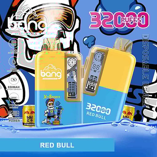 Promotional Image For Bang Disposable Vape In Red Bull Flavor, Featuring Two Yellow And Blue Vape Devices With A Sporty Cartoon Skeleton, A 32000 Puffs Label, And Red Bull Cans In The Background.