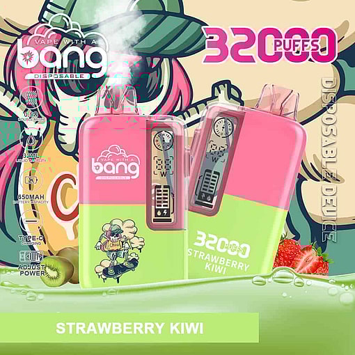 Colorful Advertisement For Bang Disposable Vape With Strawberry Kiwi Flavor, Featuring Two Pink And Green Vape Devices, Cartoon Character On A Skateboard, Images Of Strawberries And Kiwi, And Product Information Including 32,000 Puffs, 32Ml Liquid Capacity, And 650Mah Battery.