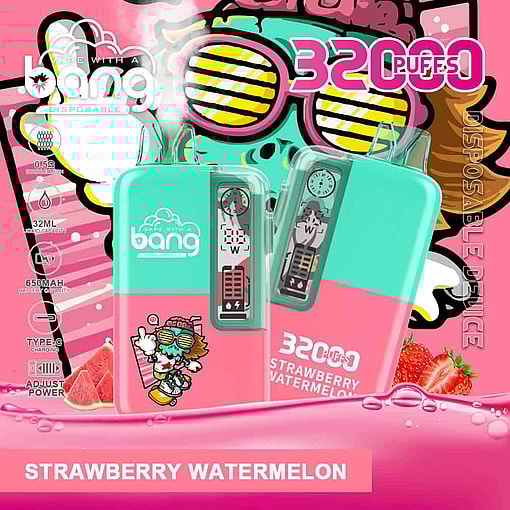 Colorful Advertisement For Bang Disposable Vape Featuring Two Devices Labeled 'Strawberry Watermelon', Vibrant Graphics Of A Cartoon Character With Sunglasses, Product Specifications, And Images Of Strawberries And Watermelon Slices.