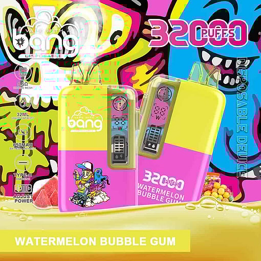 Brightly Colored Advertisement For Bang Disposable Vape In Watermelon Bubble Gum Flavor, Showing Two Yellow And Pink Vape Devices With Cartoon-Style Graphics, A Digital Display, And Specifications For 32Ml Capacity, 650Mah Battery, And 32000 Puffs, Set Against A Vibrant, Graffiti-Inspired Background.