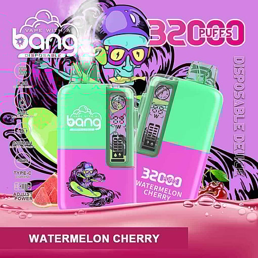 Colorful Advertisement For A Bang Disposable Vape Device In Watermelon Cherry Flavor, Featuring Two Pink And Green Vape Devices, Product Features Like 32000 Puffs, And Vibrant Fruit Illustrations On A Purple Background.