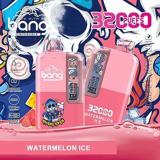 Two Pink Disposable Vape Devices Labeled 'Bang Watermelon Ice' With Digital Displays, Set Against A Colorful Graffiti-Style Background With A Skull Illustration, Watermelon Slices, And Ice Cubes.