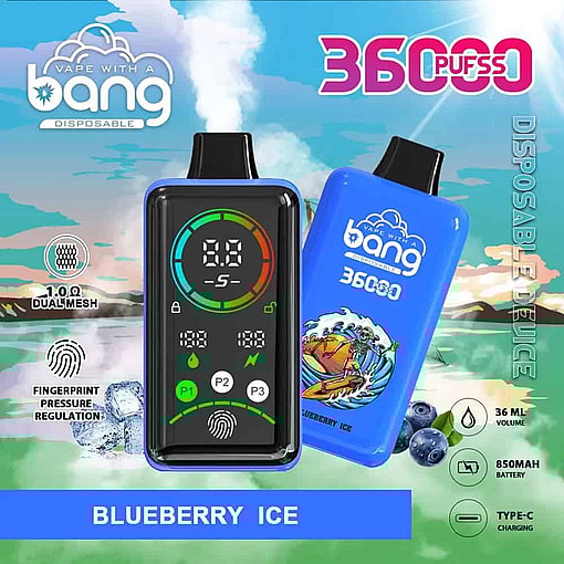 Advertisement For A Disposable Vape Device Called Bang With 36,000 Puffs And Blueberry Ice Flavor, Featuring Two Blue Vape Units With Digital Screens, Blueberry And Ice Cube Imagery, And Product Features Including 1.0Ω Dual Mesh, Fingerprint Pressure Regulation, 36Ml Volume, 850Mah Battery, And Type-C Charging.