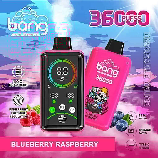 Colorful Promotional Image For Bang Disposable Vape In Blueberry Raspberry Flavor, Featuring Two Vaping Devices, A Digital Display, Illustrated Skeleton, Blueberries, Raspberries, And Product Specifications Like 36000 Puffs, 36Ml Volume, And 850Mah Battery Against A Vibrant, Cloudy Background.