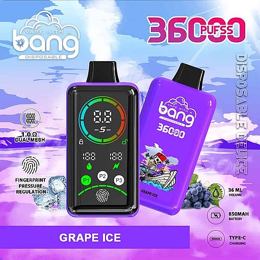 Advertisement For A Purple Bang Disposable Vape Device Featuring Digital Controls And Labeled 'Grape Ice' Flavor, With A Cartoon Pirate, Grapes, Ice Cubes, And Product Specifications Including 36000 Puffs, 36Ml Volume, 850Mah Battery, And Usb-C Charging.