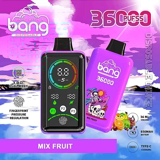 Promotional Image For Bang Disposable Vape, Featuring Two Colorful Vape Devices With Digital Displays, A Tropical Skull Graphic, And Product Features Including 36000 Puffs, Mix Fruit Flavor, Fingerprint Pressure Regulation, 1.0Ω Dual Mesh Coil, 36 Ml Volume, 850Mah Battery, And Type-C Charging, Set Against A Vibrant Purple And Pink Background.