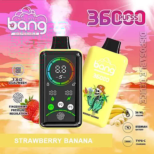 Colorful Advertisement For A Disposable Bang Vape Device, Featuring Two Yellow Vape Units Labeled 'Strawberry Banana,' Technical Details, And Illustrated Fruits And A Skeleton Holding Fruit On The Case, Set Against A Vibrant Sunset Sky.