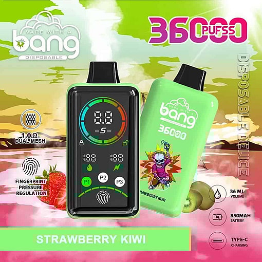 Promotional Image For A Bang Disposable Vape Device, Flavor Strawberry Kiwi, Featuring Two Green Vape Devices With Colorful Graphics, Digital Display, Fingerprint Pressure Regulation, And Key Features Such As 36000 Puffs, 36Ml Volume, 850Mah Battery, And Type-C Charging.