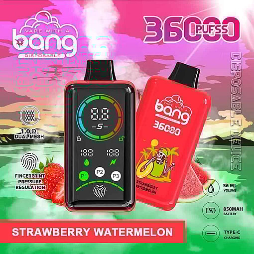 Colorful Advertisement For A Bang Disposable Vape Featuring A Digital Display, Labeled Flavors Of Strawberry Watermelon, And Highlighting Features Like 36000 Puffs, Dual Mesh Coil, Fingerprint Pressure Regulation, And An 850Mah Battery With Type-C Charging.