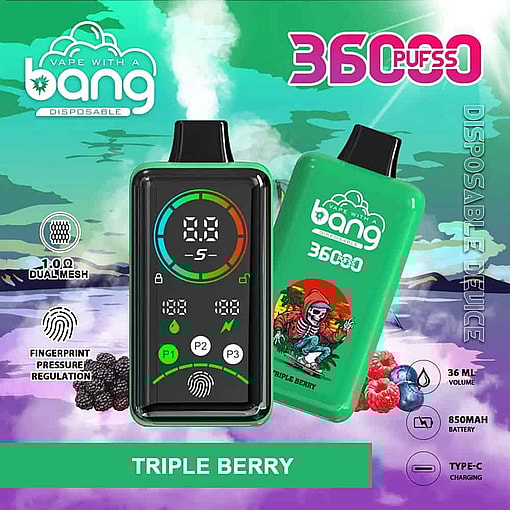 Promotional Image For Bang Disposable Triple Berry Vape Device, Showing Two Devices—One With A Digital Display And One With A Design Featuring A Skeleton In A Red Hoodie—Against A Colorful, Stylized Background With Key Features And Berry Illustrations.