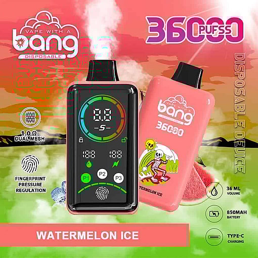 Promotional Image For Bang Disposable Vape In Watermelon Ice Flavor, Featuring Two Vape Devices—One With A Digital Display And The Other With Branding And A Skeleton Graphic, Alongside Icons For 36000 Puffs, Fingerprint Pressure Regulation, 36Ml Volume, 850Mah Battery, And Type-C Charging, With Watermelon Slices And Ice Cubes In The Background.