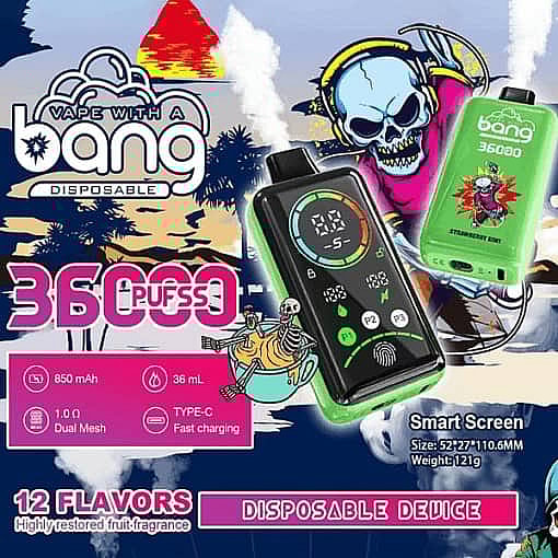 Colorful Advertisement For A Disposable Vape Device Called Bang 36000 Power Featuring A Cartoon Skeleton With Headphones, Images Of The Vape Device With A Digital Smart Screen, Product Specifications, And A Mention Of 12 Fruit Flavors.