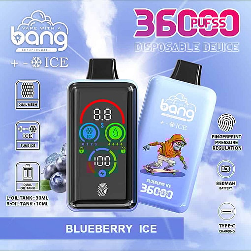 Promotional Image For Bang Disposable Device In Blueberry Ice Flavor, Highlighting Features Such As 36,000 Puffs, Dual Mesh, Dual Oil Tank, Fingerprint Pressure Regulation, 850Mah Battery, Type-C Charging, And Ice Tuning, With Graphics Of The Vape Device, Blueberries, And A Cartoon Skateboarder On The Packaging.