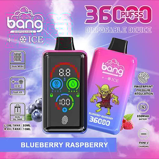 Promotional Image Of A Disposable Vape Device Called 'Bang' In Blueberry Raspberry Flavor, Showing The Device With A Goblin Illustration, Digital Display, And Icons Highlighting Features Such As Dual Mesh, Tuneable Ice Level, Dual Oil Tank, Fingerprint Pressure Regulation, 850Mah Battery, And Type-C Charging.