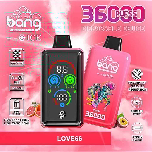 Promotional Image For A Bang Ice Level 36000 Disposable Vape Device, Featuring 36,000 Puffs, Dual Mesh, Dual Oil Tanks, Fingerprint Pressure Regulation, Type-C Charging, And A Stylized Illustration On The Device Against A Pink Background With Fruit Accents.