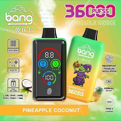 Promotional Image For Bang Disposable Vape In Pineapple Coconut Flavor, Featuring Two Colorful Vapes (One With A Digital Display, One With A Cartoon Goblin Holding A Pumpkin), Highlighting Features Such As 36,000 Puffs, Dual Mesh, Tuneable Ice, Dual Oil Tank, Fingerprint Regulation, 850Mah Battery, And Usb-C Charging.