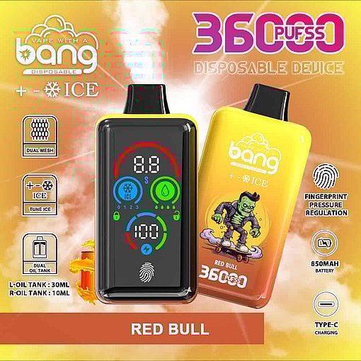 Advertisement For A Yellow Bang Disposable Vape Device Featuring Red Bull Flavor With Ice, Showing A Digital Screen, Fingerprint Sensor, Cartoon Monster On A Skateboard, And Highlighting Features Like Dual Mesh, Dual Oil Tank, 850Mah Battery, Type-C Charging, And 36,000 Puffs.