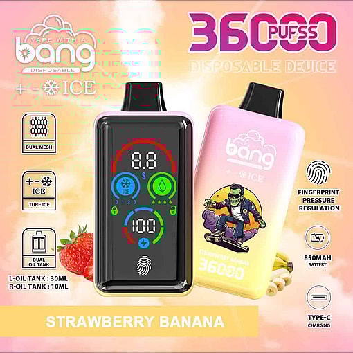 Promotional Image For A Bang Disposable Vape Device In Strawberry Banana Flavor, Showing A Colorful Vape Unit With Digital Display Features, Device Specifications, And A Skateboarder Character Illustration, Along With Icons Highlighting Dual Mesh, Ice Tuning, Dual Oil Tanks, Fingerprint Pressure Regulation, 850Mah Battery, And Type-C Charging.