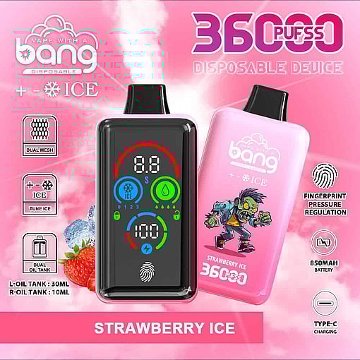 Promotional Image For Bang Disposable Vape Device In Strawberry Ice Flavor, Featuring A Pink Background, Two Vape Devices (One Showing A Digital Display, The Other With A Cartoon Zombie), Icons Highlighting Features Like Dual Mesh, Ice Tuning, Fingerprint Regulation, 850Mah Battery, And 36,000 Puffs.
