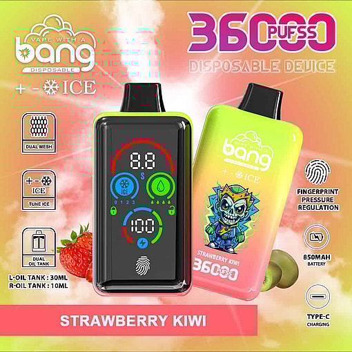 Promotional Image For Bang Disposable Vape In Strawberry Kiwi Flavor, Featuring Two Colorful Vape Devices, Product Features Icons, And Text Highlighting 36,000 Puffs, Dual Mesh, Ice Tuning, Fingerprint Pressure Regulation, And Type-C Charging.