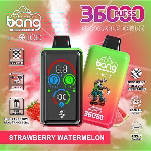 Promotional Image For A Disposable Vape Device Called 'Bang' Featuring A Digital Display, Fingerprint Regulation, And Advertising 36,000 Puffs With A Strawberry Watermelon Flavor And Ice Option.