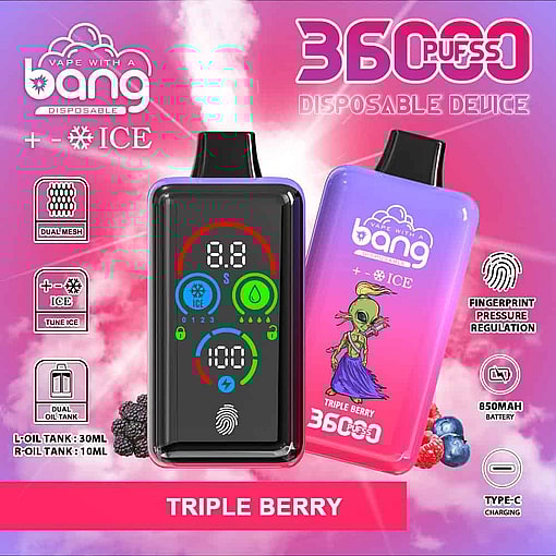 Colorful Advertisement For A Bang Disposable Vape Device, Featuring The Triple Berry Ice Flavor With Images Of The Device, Berries, And An Alien Graphic, Alongside Icons And Text Highlighting Features Like Dual Mesh, Fingerprint Pressure Regulation, And 36,000 Puffs.
