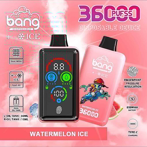 Advertisement For A &Quot;Vape With A Bang&Quot; Disposable Vape Device In Watermelon Ice Flavor, Featuring 36,000 Puffs, Dual Mesh, Dual Oil Tank, Fingerprint Pressure Regulation, And Illustrated In Pink Packaging With A Cartoon Character And Watermelon Slices.
