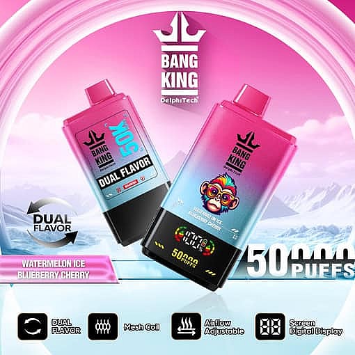 Zwei Bang King Delphtech-Einweg-Vape-Geräte mit zwei Geschmacksoptionen, präsentiert vor einer rosa-blauen Bergkulisse, mit den Geschmacksrichtungen Wassermeloneneis und Blaubeerkirsche, 50.000 Zügen und hervorgehobenen Funktionen wie Mesh-Spule, Luftstromeinstellung und Digitalanzeige.