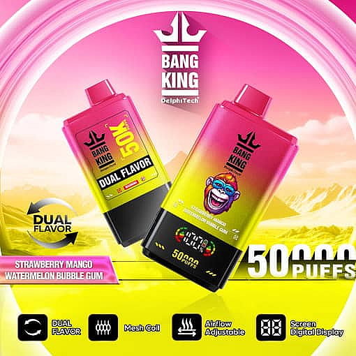 Zwei farbenfrohe Einweg-Vape-Geräte mit der Aufschrift „Bang King“ und zwei Geschmacksrichtungen (Erdbeer-Mango und Wassermelonen-Kaugummi), die über eine digitale Anzeige und eine Kapazität von 50.000 Zügen verfügen, vor einem leuchtend rosa und gelben Hintergrund mit hervorgehobenen Produktfunktionen.