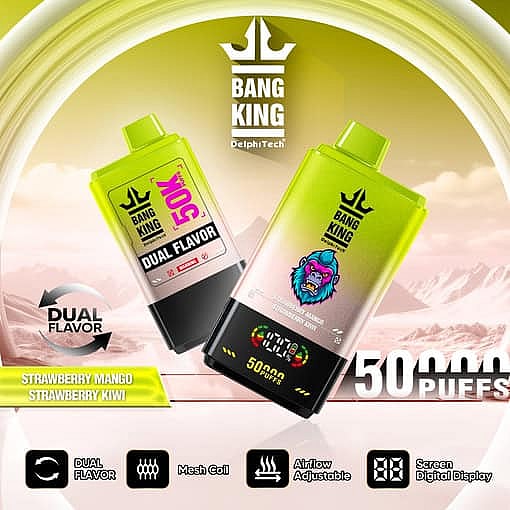 Zwei Einweg-Vape-Geräte von Bang King mit heller Verpackung, Digitalanzeige und Löwenlogo, die zwei Geschmacksrichtungen hervorheben: Erdbeer-Mango und Erdbeer-Kiwi, mit Funktionen wie Mesh-Coil, einstellbarer Luftzufuhr und 50.000 Zügen.