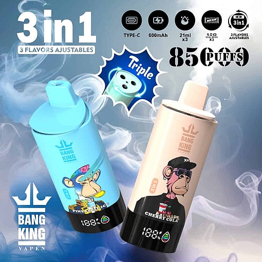 Promotional Image For Bang King Vapen 3-In-1 Disposable Vape Devices Featuring Pineapple Ice And Cherry Cola Flavors, Showing Cartoon Apes On Colorful Devices, With Features Highlighted Such As 21Ml Capacity, 85,000 Puffs, Type-C Charging, Adjustable Flavors, And A Triple Airflow System, Set Against A Smoky Background.
