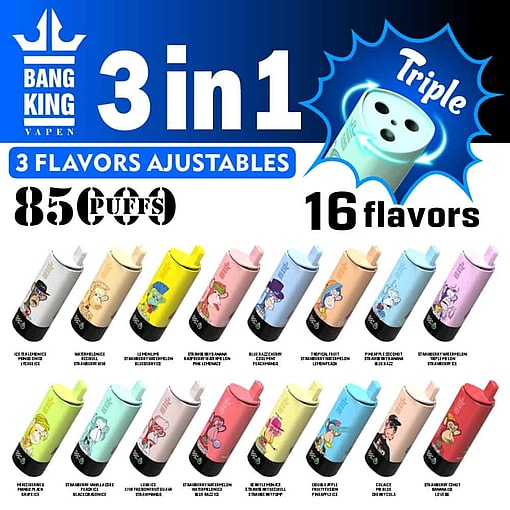 Promotional Graphic For Bang King Vapen 3 In 1 Vape Featuring 3 Adjustable Flavors, Up To 8500 Puffs, 16 Available Flavor Varieties, And Images Of Colorful Vape Devices With Cartoon Characters Representing Each Flavor.