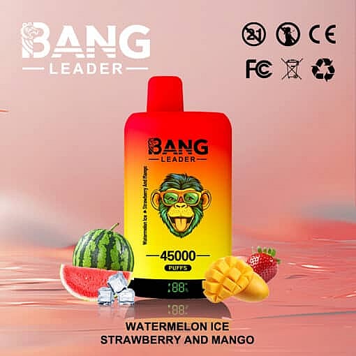 Bang Leader Vape Device With A Monkey Graphic, Labeled For 45,000 Puffs, Surrounded By Watermelon, Mango, Strawberry, And Ice Cubes, Against A Red And Orange Background With Product Information And Certification Logos.