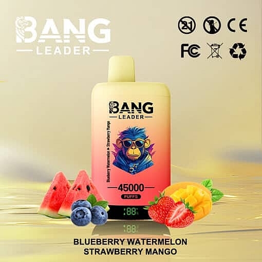 Bang Leader Vape Device With A Cartoon Monkey Illustration, Surrounded By Images Of Watermelon, Blueberry, Strawberry, And Mango, Highlighting The Flavors Blueberry Watermelon And Strawberry Mango.