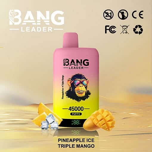 Bang Leader Vape Device With A Cartoon Monkey Wearing Sunglasses, Surrounded By Mango Slices, Pineapple, And Ice Cubes, Labeled As Offering 45,000 Puffs With Pineapple Ice And Triple Mango Flavors.