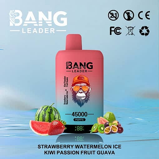 Bang Leader Vape Device In Pink Gradient Color With An Illustrated Bearded Character Wearing Sunglasses, Surrounded By Images Of Watermelon, Strawberry, Kiwi, Passion Fruit, And Guava, And Labeled With 45,000 Puffs And Flavor Names Strawberry Watermelon Ice And Kiwi Passion Fruit Guava.