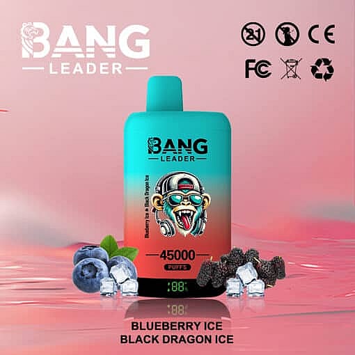 Bang Leader Disposable Vape Featuring A Colorful Design With A Cartoon Monkey, Showing 45,000 Puffs And A Digital Screen, Surrounded By Blueberries, Blackberries, And Ice Cubes, Labeled With Flavors Blueberry Ice And Black Dragon Ice.
